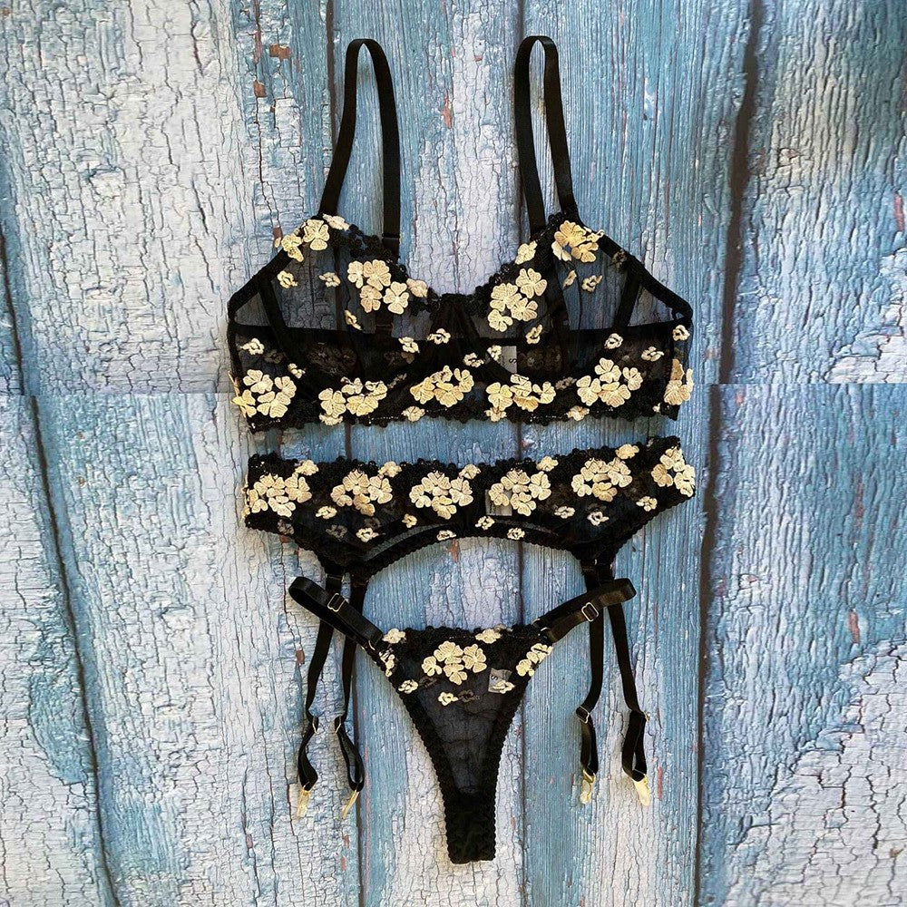 Sexy Lingerie Ladies Three-piece Embroidered Steel Ring