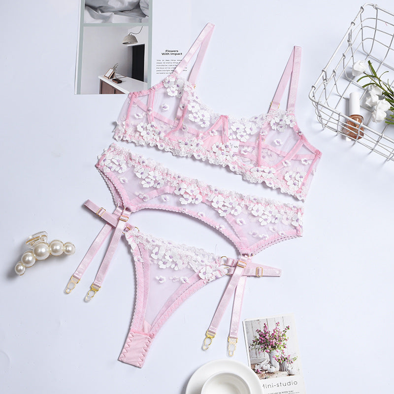 Sexy Lingerie Ladies Three-piece Embroidered Steel Ring