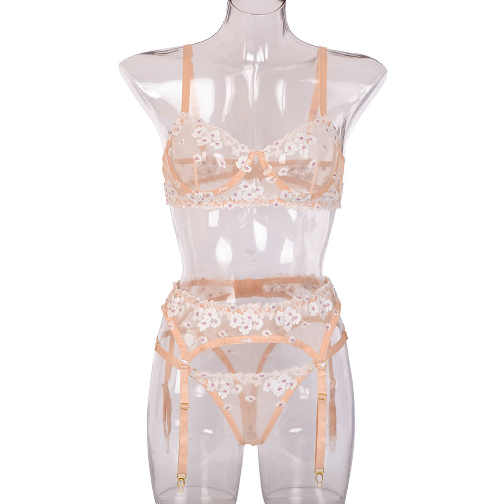 Sexy Lingerie Ladies Three-piece Embroidered Steel Ring